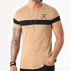 Tee Shirt Bicolore Avec Broderie 441 Noir Camel - Final Club | Style et Confort