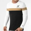 Vente Flash - Tee Shirt Manches Longues Bicolore avec Broderie 455 - Blanc, Camel, Noir - Final Club