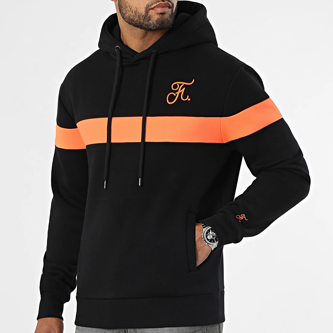 Sweat Capuche Bicolore Fluo Noir Orange avec Broderie 741 - Final Club 3 Sweat Capuche Bicolore Fluo Noir Orange avec Broderie 741 - Final Club