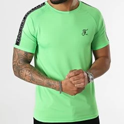 Tee Shirt Slim Fit Avec Bandes Et Broderie 731 Vert Fluo - Final Club -Final Club Soldes final club 301797 FINAL 731 20220413T110658 03