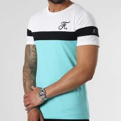 Tee Shirt Tricolore Avec Broderie 977 - Blanc Noir Bleu Pastel - Final Club